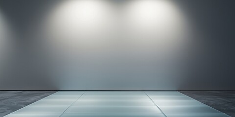 A minimalist chalk-white wall illuminated by an intense direct spotlight. The frosted glass flooring emits a soft radiance, enhancing the depth of the space.