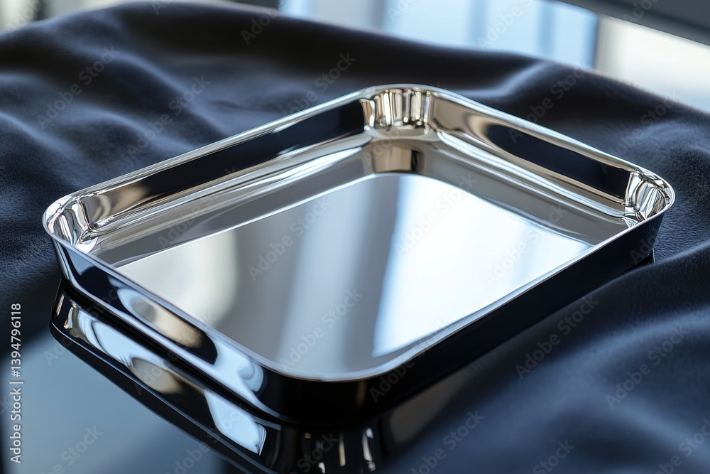 Poster reflective metal tray on a dark cloth surface with sunlight illuminating its sleek design and contou