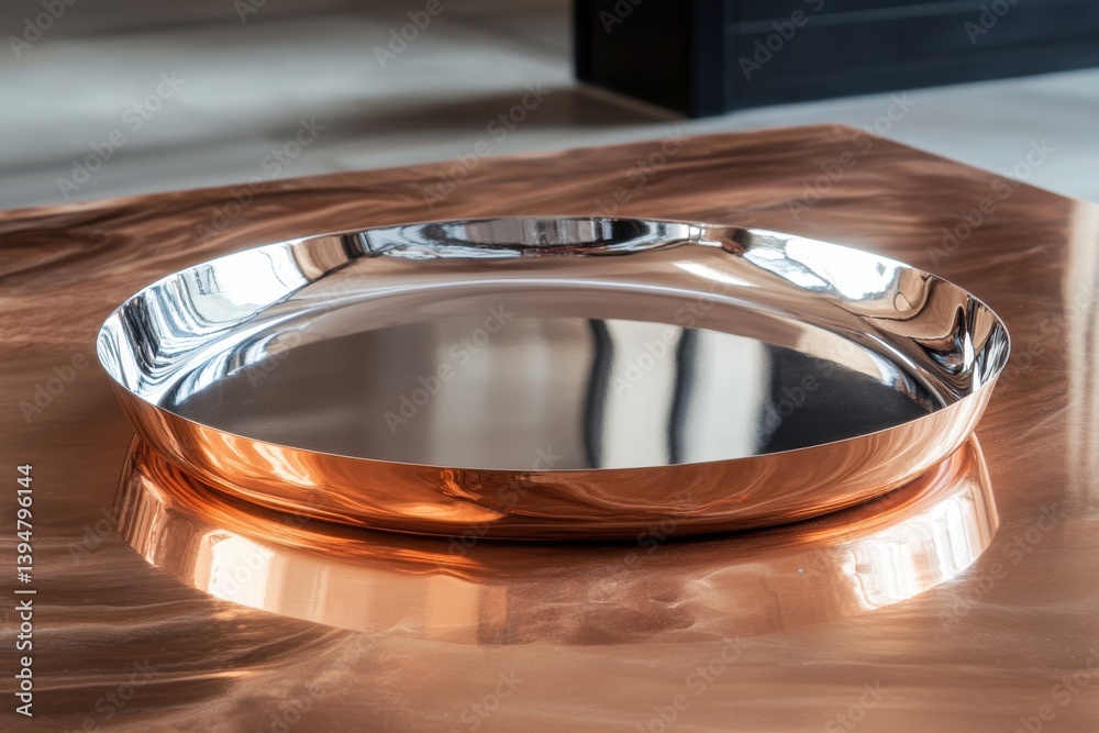 Aufkleber reflections on a polished serving tray placed elegantly on a copper table surface in a modern interi