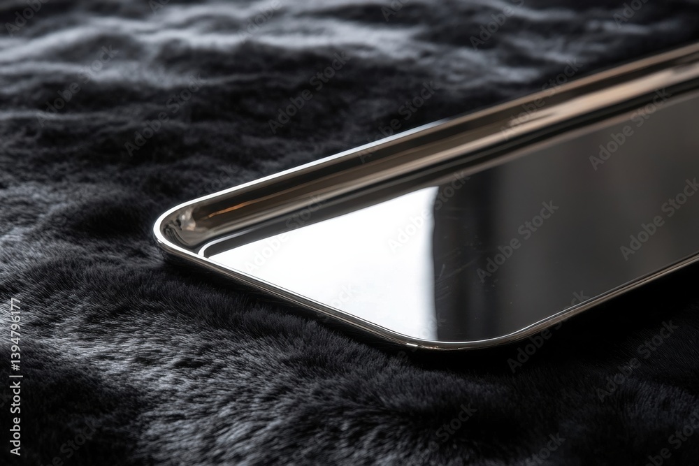 Poster reflective metal tray resting on a soft black surface in a well-lit interior setting