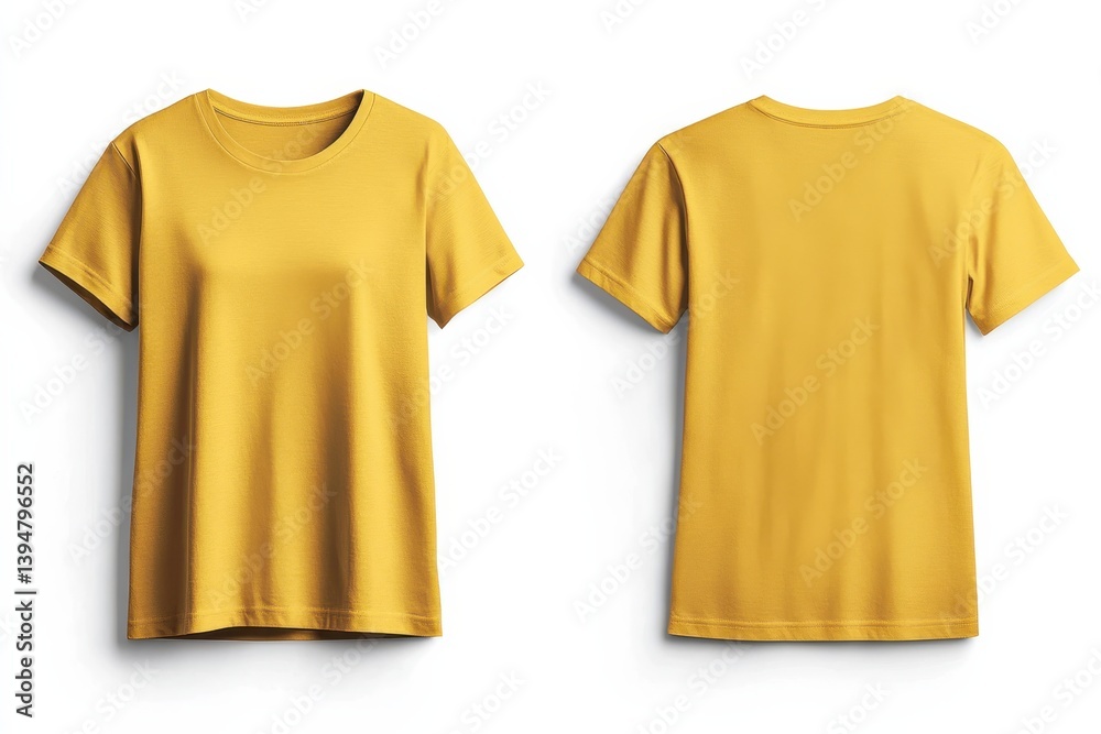 Poster yellow short-sleeve shirt displayed from front and back views on a white background
