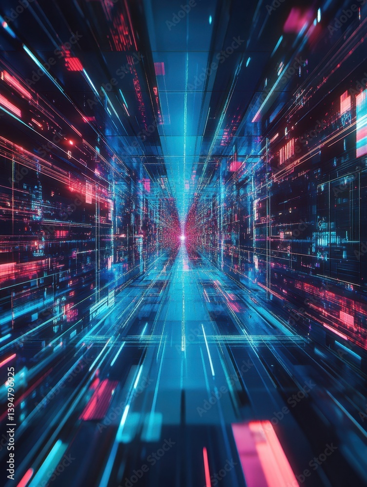 Poster futuristic data stream tunnel with vibrant neon lights and geometric patterns creating a captivating