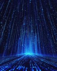 Futuristic digital space with falling blue light streaks and glowing particles creating immersive technology background and virtual reality experience