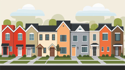 City street with colorful houses with a green tree in the background. Flat vector illustration