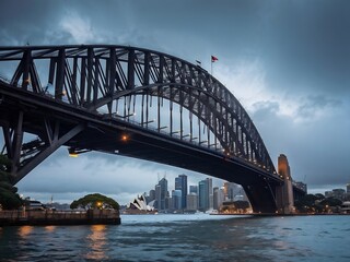 Naklejka premium Sydney Harbour Bridge, a Majestic Structure under a Cloudy Sky