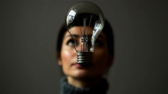 Illuminating Thoughts: A woman's face framed by a lightbulb, evoking contemplation and the birth of innovative ideas. This image captures the essence of ingenuity and intellectual curiosity.