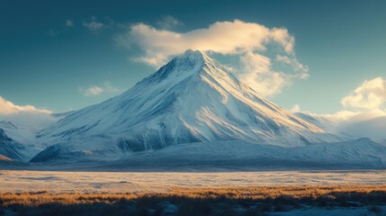 Fototapeta premium Majestic snow-capped mountain peak. Vast landscape of snow-covered peaks under a vibrant sky