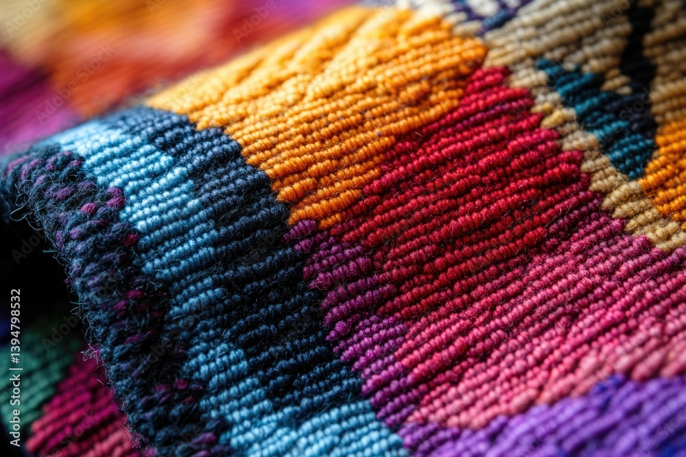 Aufkleber close-up of vibrant, multicolored woven textile with intricate texture and pattern.