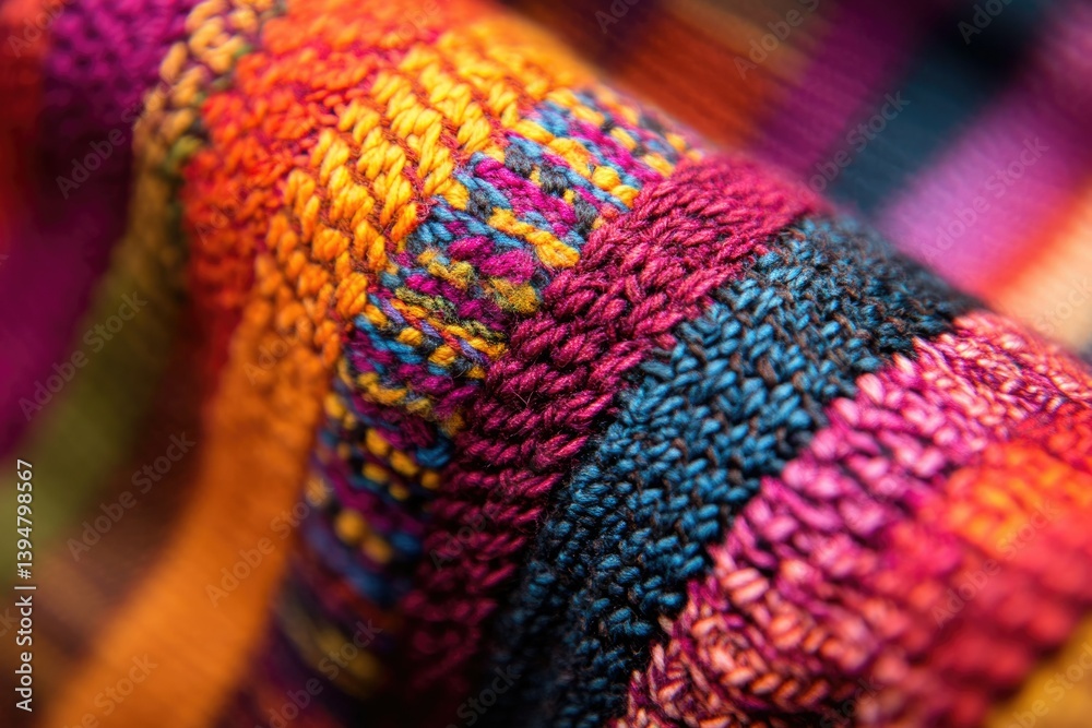 Poster close-up of vibrant, multicolored knitted fabric showcasing intricate texture and rich color variati