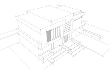 Modern Architectural Wireframe Sketch – Vector Blueprint of Contemporary Buildings