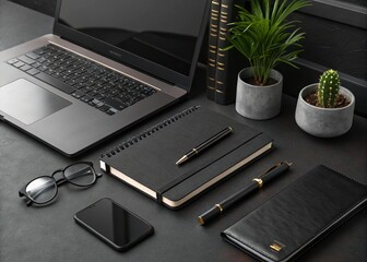 Modern Dark Workspace Laptop, Notebook, Pens, Plants, and Glasses