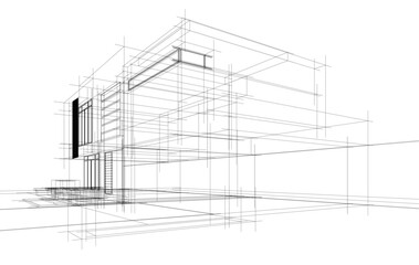 Modern Architectural Wireframe Sketch – Vector Blueprint of Contemporary Buildings
