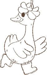 Outline Playful Silly Goose girl on Spring day, Meme Cartoon Hand Drawn Doodle. trendy goose.