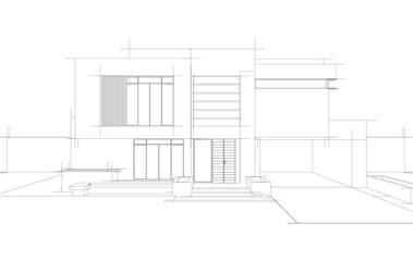Modern Architectural Wireframe Sketch – Vector Blueprint of Contemporary Buildings