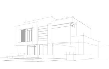 Modern Architectural Wireframe Sketch – Vector Blueprint of Contemporary Buildings