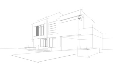 Modern Architectural Wireframe Sketch – Vector Blueprint of Contemporary Buildings