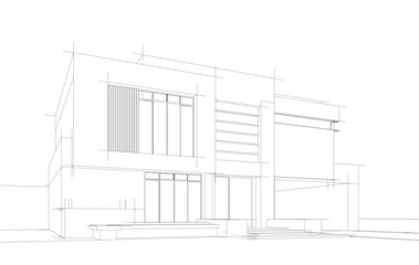 Modern Architectural Wireframe Sketch – Vector Blueprint of Contemporary Buildings