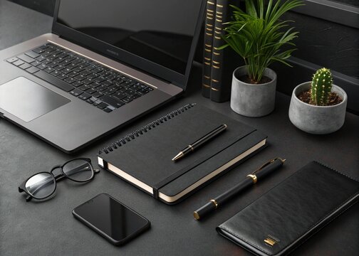 Modern Dark Workspace Laptop, Notebook, Pens, Plants, and Glasses
