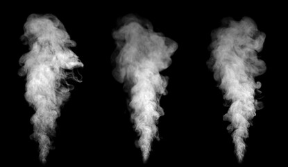 Close-up photo set of incense smoke or abstract white vapor floating on black background. Fog and clouds effect for air pollution design. Smog element.	
