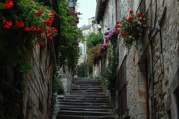 Naklejka premium Charming street in Montmartre with old stone buildings and hanging flowers