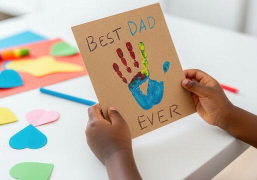 Child holding handmade card with colorful handprint and "best dad ever" message