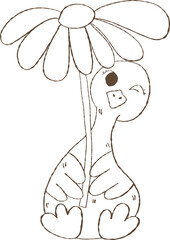 Outline Playful Silly Goose holding daisy on Spring day, Meme Cartoon Hand Drawn Doodle. trendy goose.