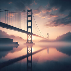 Obraz premium Golden Gate Bridge reflecting on water during sunrise with fog and clouds