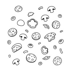 Hand sketched black outline icons of assorted scattered pizza toppings including sliced pepperoni, mushrooms, olives, bell peppers, and meat pieces, isolated vector elements for food design