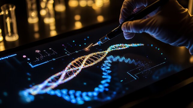 Close-up of a gloved hand manipulating a digital display showcasing colorful DNA strands against a dark background with blurred laboratory elements