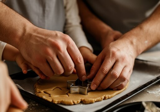 Close-up of family hands cutting star-shaped cookies from dough together