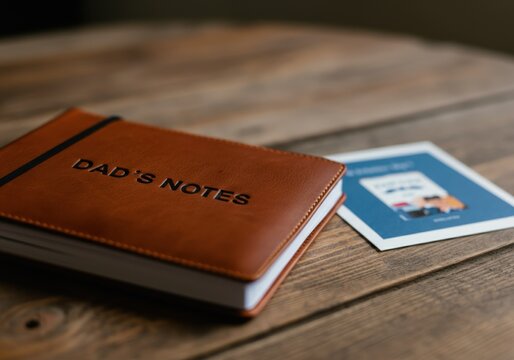 Brown leather journal titled Dad's notes on rustic wooden table at Father's Day