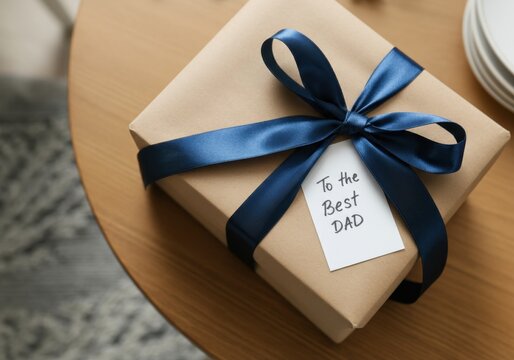 Gift box with blue ribbon and To the best dad tag on wooden table - Powered by Adobe