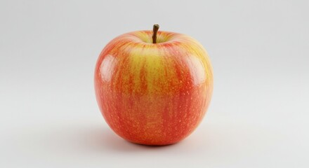 A single shiny apple with red and yellow skin and a brown stem on a white surface in a studio shot isolated on white background