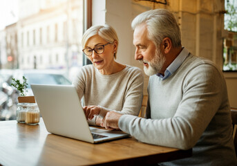 Obraz premium Senior couple using laptop in cozy cafe for online communication
