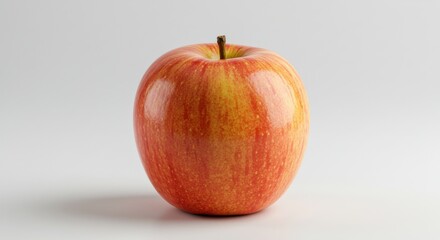 A single ripe apple with red and yellow skin sitting on a white surface in a studio setting shot isolated on white background