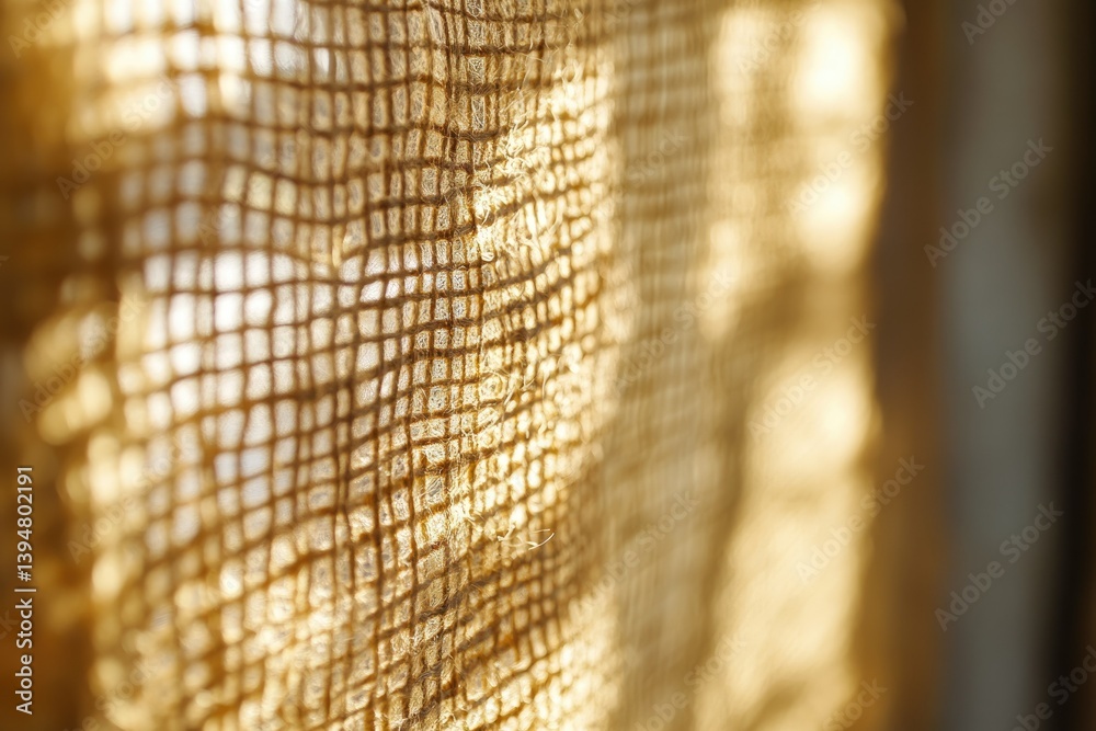 Aufkleber close-up of burlap texture illuminated by sunlight, showcasing intricate woven fibers.
