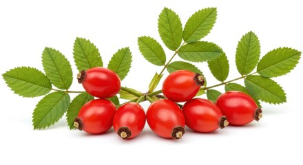 A close up of red rose hips with green leaves on a white background in a studio setting today isolated on white background