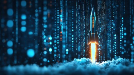 Rocket launching through digital data streams, with ascending smoke effect