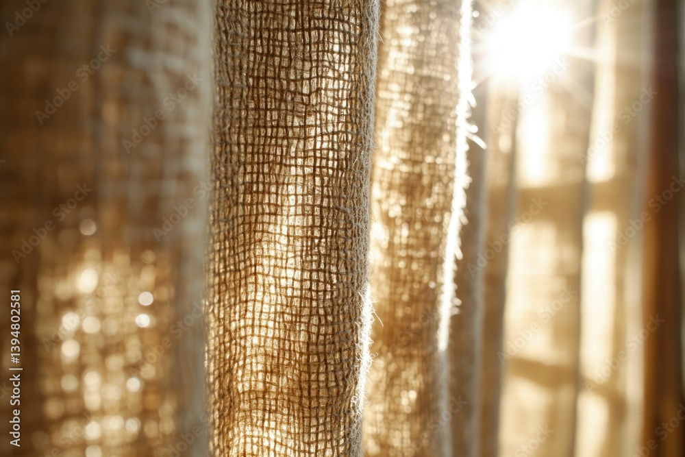 Fototapete Sunlight illuminating burlap curtains, creating a warm and textured image.