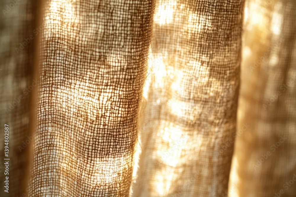 Poster sunlight illuminates the textured weave of a burlap curtain, creating a warm, golden glow.