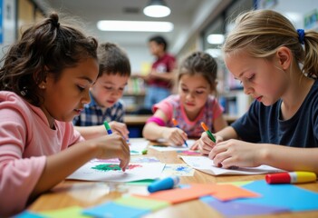 Fototapeta premium Children engaged in creative drawing activities in a classroom setting