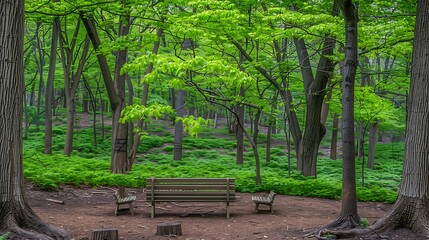 Tranquil woodland scene with a park bench.