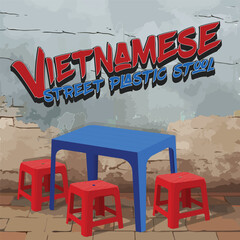 A bold vector illustration capturing the iconic Vietnamese street culture, featuring a classic red plastic stool and blue table set against a textured, cracked wall. Perfect for nostalgic, retro-style