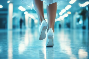 Elegant ballet dancer performing gracefully across the polished floor in a serene space