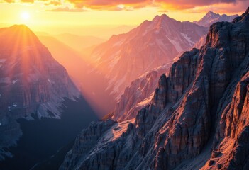 Naklejka premium Majestic mountain landscape at sunset with vibrant colors and dramatic lighting