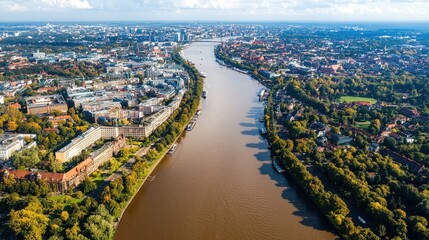 Fototapeta premium Aerial View of a Scenic River Bending Through Urban Landscape