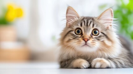 Obraz premium Cute fluffy kitten, looking directly at viewer. Soft focus background