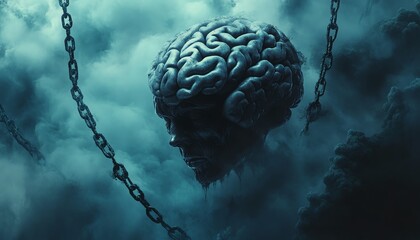 Cerveau humain entoure de chaines et de nuages noirs