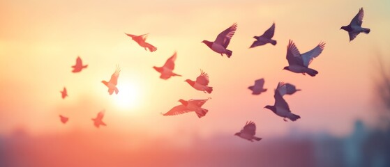 Flock of birds illuminated by a warm sunset, flying across a pastel sky, epitomizes both freedom and the poetic beauty of twilight hours.