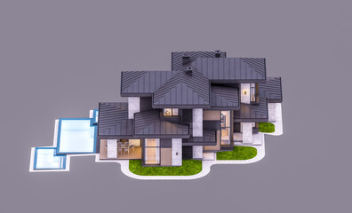 3d rendering of modern two story house with gray and wood accents, large windows, parking. In the evening Isolated on gray